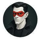Arman du Val, pale-faced with dark hair and a red mask