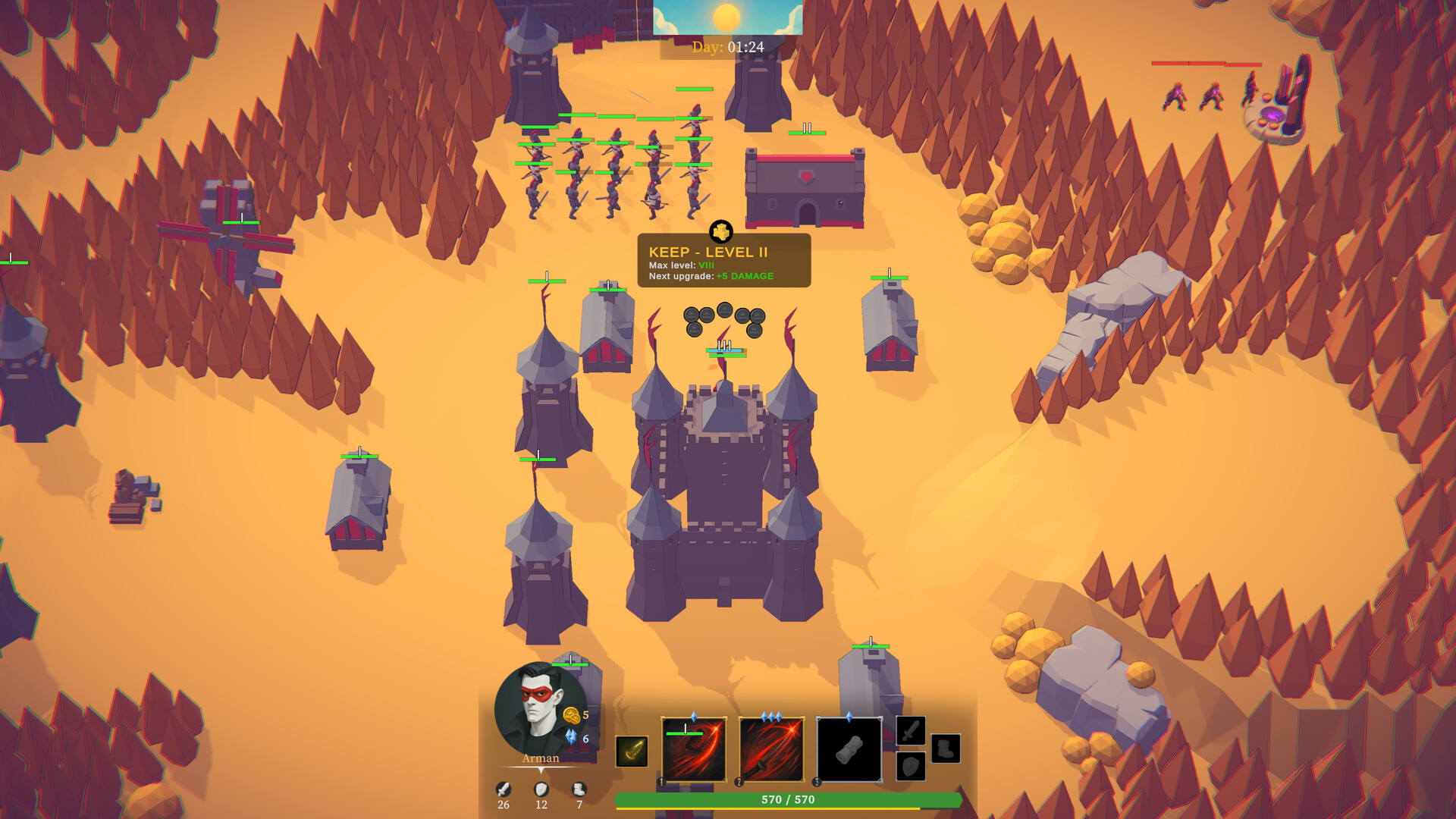 A fortress and its army among the angular forests of Siege at Sundown